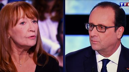 Jo&euml;lle Mediavilla, sans emploi, interroge le pr&eacute;sident de la R&eacute;publique, Fran&ccedil;ois Hollande, sur le plateau de TF1, le 6 novembre 2014. (  MAXPPP)