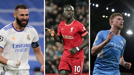 Karim Benzema (à gauche), Sadio Mané (au centre) et Kevin De Bruyne (à droite) se distinguent comme de sérieux candidats au Ballon d'or en 2022. (OSCAR DEL POZO / AFP - Terry Donnelly / Colorsport / DPPI via AFP - PAUL ELLIS / AFP)