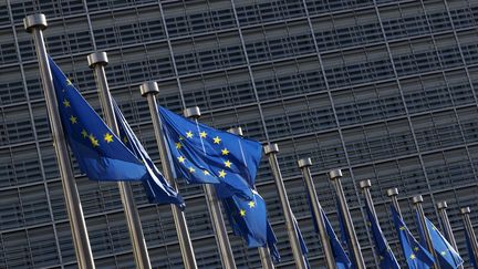 Des drapeaux européens devant les bâtiments de la Commission européenne. (DIEGO RAVIER / HANS LUCAS)