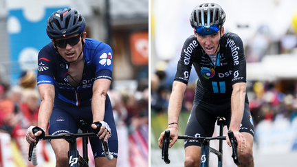 David Gaudu, le 9 juin 2023 sur le Critérium du Dauphiné, et Romain Bardet, le 29 avril 2023 sur le Tour de Romandie. (JEAN-CHRISTOPHE BOTT/EPA/MaxPPP et Anne-Christine POUJOULAT / AFP)