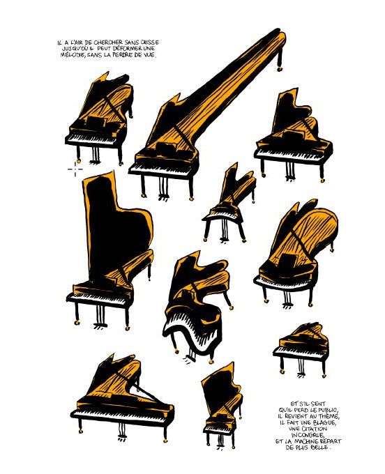 Une page de la BD "Martial Solal, une vie à l'improviste" qui illustre le talent d'improvisation qui a rendu célèbre le musicien. (EDITIONS DU LAYEUR)