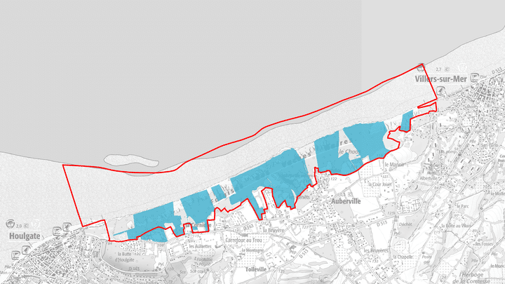 Projet de création de la réserve naturelle nationale des falaises jurassiques du Calvados : limites de la réserve au niveau des Vaches Noire. En bleu : propriété du Conservatoire du littoral (DREAL NORMANDIE)