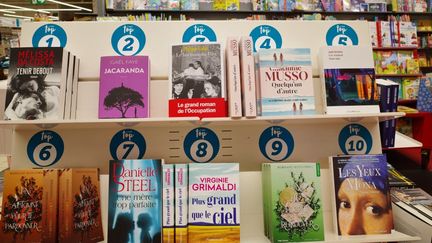 Livres et romans les plus vendus dans un rayon d'une librairie d'un supermarche le 27 août 2024 à Montaigu,e n France. (MATHIEU THOMASSET / HANS LUCAS)