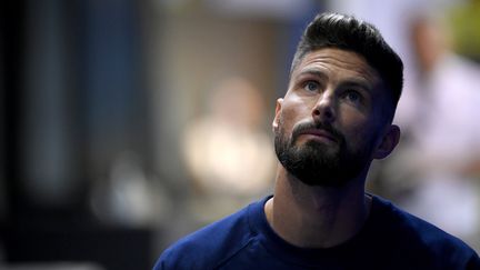 Olivier Giroud le 6 décembre 2022, avant la conférence d'avant match de l'équipe de France face à l'Angleterre, en quart de finale de la Coupe du Monde 2022 au Qatar. (FRANCK FIFE / AFP)