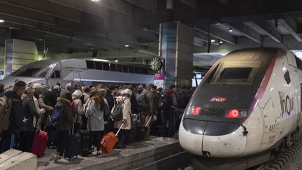 Des voyageurs à la gare Montparnasse, à Paris, le 14 novembre 2019. (GREG LOOPING / HANS LUCAS / AFP)