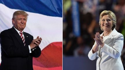 Donald Trump et Hillary Clinton sur la scène des conventions républicaine et démocrate, les 21 et 28 juillet 2016 à Cleveland et Philadelphie (Etats-Unis). (AFP / FRANCETV INFO)