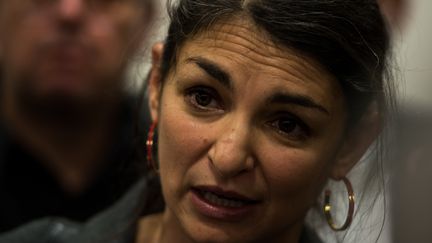 L'économiste et présidente duParlement de l'Union populaire&nbsp;Aurélie Trouvé lors d'un meeting de Jean-Luc Mélenchon à La Défense le 5 décembre 2021. (ANDREA SAVORANI NERI / NURPHOTO)