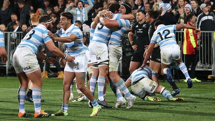 Quel exploit des Pumas ! Pour la première fois de son histoire, l'Argentine est allée s'imposer (25-18) sur les terres sacrées de la Nouvelle-Zélande, le 27 août 2022, à l'occasion de la 3e journée de Rugby Championship. (MARTY MELVILLE / AFP)