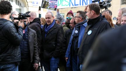 Les représentants syndicaux lors d'une journée de mobilisation contre la réforme des retraites, à Paris, le 19 mars 2023. (MICHEL STOUPAK / NURPHOTO / AFP)