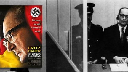 A gauche, l'affiche du film «Fritz Bauer, un héros allemand», l'homme qui permit l'arrestation d'Adolf Eichmann (a droite), ici dans sa cage de verre blindée, pendant son procès en avril 1961, à Jérusalem. (GPO POOL / AFP et DR)