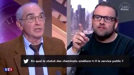 François de Closets (à gauche) face au syndicaliste Bruno Poncet de Sud Rail, sur LCI, le 26 février 2018. (LCI)