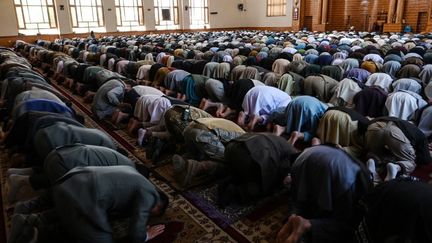 Des fidèles musulmans prient pour le début de la fête de l'Eid-al-Fitr, à la mosquée Abdul Rahman de Kaboul, en Afghanistan, le 13 mai 2021.&nbsp; (WAKIL KOHSAR / AFP)