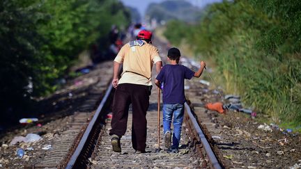 Des migrants marchent sur une voie ferr&eacute;e pr&egrave;s de&nbsp;R&ouml;szke (Hongrie), le 27 ao&ucirc;t 2015. (ATTILA KISBENEDEK / AFP)