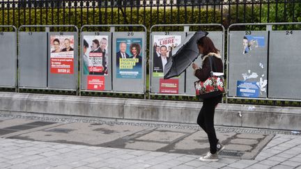 Une femme passe devant des panneaux d'affichage éléctoral en vue des élections européennes, le 19 avril 2019 à Pau (Pyrénées-Atlantiques). (LAURENT FERRIERE / AFP)