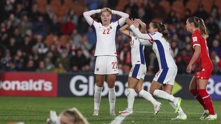 La Norvégienne Roman Haug réagit après une occasion manquée contre la Suisse, à Hamilton (Nouvelle-Zélande), mardi 25 juillet 2023. (JUAN MENDEZ/AP/SIPA)