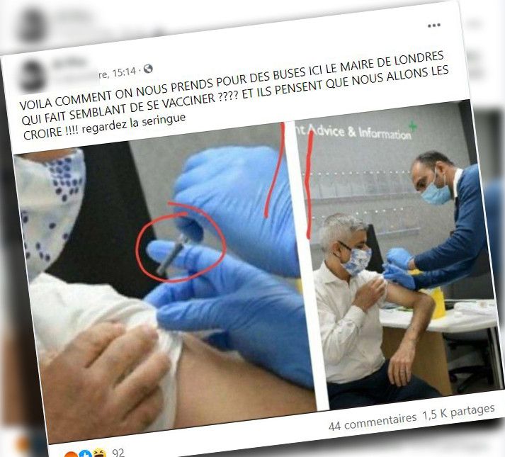 Capture écran d'une publication Facebook qui remet en cause la vaccination de Sadiq Khan.&nbsp; (CATPURE ECRAN FACEBOOK)