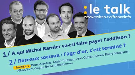 Dans le Talk de franceinfo sur Twitch, Ludovic Pauchant et ses invités débattent de la présentation de budget de Michel Barnier, puis de la fin annoncée des réseaux sociaux. (Stephanie Berlu)