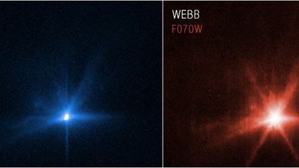 Des images capturées par les télescopes spatiaux Hubble et Webb de l'astéroïde Dimorphos après l'impact du vaisseau Dart. (HANDOUT / ESA/WEBB / AFP)