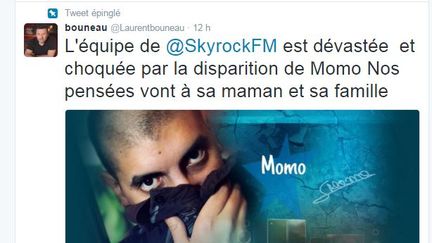 Capture d'écran du tweet de Laurent Bouneau, directeur général des programmes de Skyrock, qui a annoncé la mort de "Momo" le 24 avril 2016. (Laurent Bouneau / Twitter)