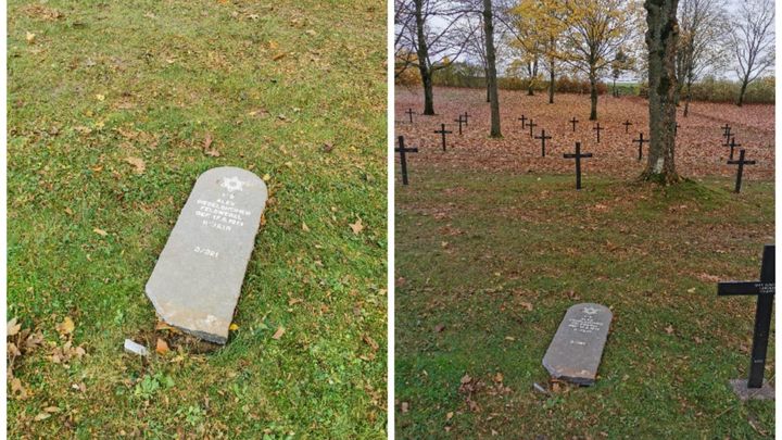 Des stèles juives ont été découvertes dégradées dans le cimetière militaire allemand de Moulin-sous-Touvent, près de Compiègne (Oise), le 15 novembre 2023. (MAIRIE DE MOULIN-SOUS-TOUVENT / FRANCEINFO / RADIO FRANCE)