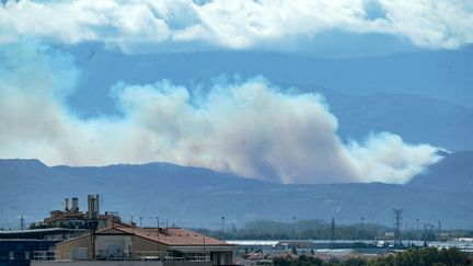 Un important incendie s'est déclaré au pied du Canigou dans les Pyrénées-Orientales le 12 septembre 2024. Les fumées sont visibles depuis Perpignan. (MICHEL CLEMENTZ / MAXPPP)