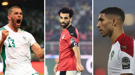 Islam Slimani, Mohamed Salah et Achraf Hakimi, protagonistes des barrages à la Coupe du monde 2022. (AFP)