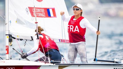 Camille Lecointre et Aloise Retornaz sur l'épreuve de voile, catégorie 470, des Jeux olympiques de Tokyo.&nbsp; (AGENCE KMSP / KMSP)