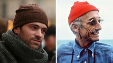 A gauche, l'acteur Romain Duris&nbsp;lors d'un tournage en 2010 ; &agrave; droite, l'explorateur Jacques-Yves Cousteau, sur son bateau, en 1985. ( AFP )