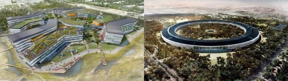 A gauche, le futur Googleplex de Google, &agrave; Cupertino, &agrave; droite, le projet de&nbsp;Campus 2 d'Apple, en chantier. (GOOGLE / APPLE)