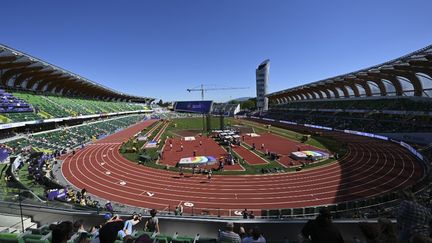 Le stade Hayward Field, à Eugene, où se déroulent les championnats du monde d'athlétisme, le 15 juillet 2022. (KEMPINAIRE STEPHANE / KMSP via AFP)