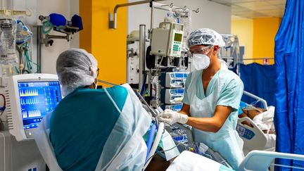 Des infirmières dans une unité Covid-19 au CHU de Pointe-à-Pitre (Guadeloupe), le 24 septembre 2020. (LARA BALAIS / AFP)