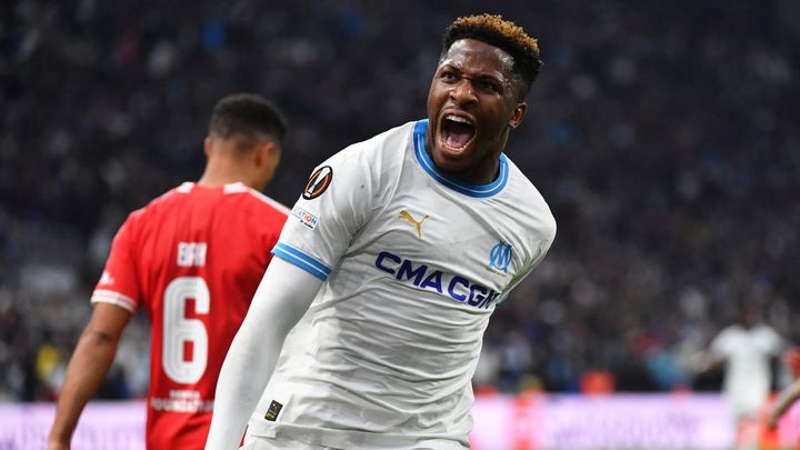 Marseillais Faris Moumbagna celebrates his goal against Benfica during the Europa League quarter-final second leg, April 18, 2024. (SYLVAIN THOMAS / AFP)