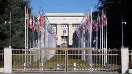 Le bâtiment des Nations unies à Genève (Suisse), le 29 janvier 2022. (MYRIAM TIRLER / HANS LUCAS / AFP)