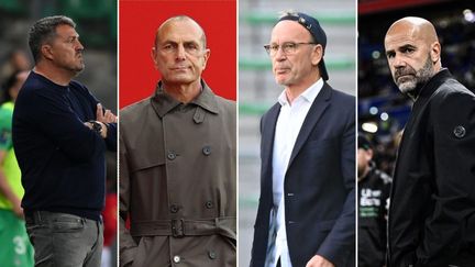 Oscar Garcia (Reims), Michel Der Zakarian (Brest), Jean-Marc Furlan (Auxerre) et Peter Bosz (OL), quatre entraîneurs de Ligue 1 écartés ou licenciés entre le dimanche 9 octobre et le jeudi 13 octobre (PHOTOPQR/MaxPPP/Philippe VACHER - PHOTOPQR/MaxPPP/Jean-Marc LOOS - PHOTOPQR/MaxPPP/Rémy PERRIN - JEFF PACHOUD / AFP)