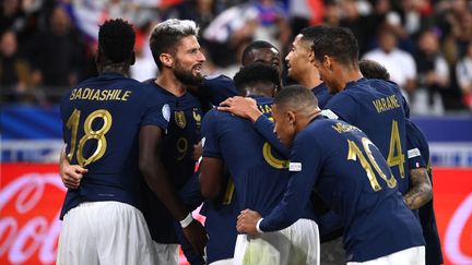 La joie d'Olivier Giroud, buteur face à l'Autriche en Ligue des nations, le 22 septembre 2022. (FRANCK FIFE / AFP)