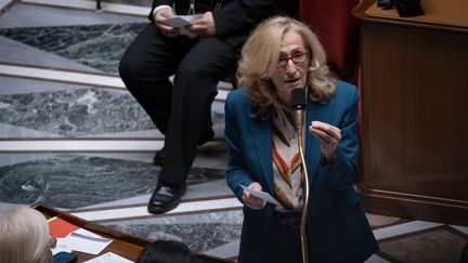 The Minister of National Education, Nicole Belloubet, on February 13, 2024 at the National Assembly.  (MATHILDE KACZKOWSKI / HANS LUCAS / AFP)