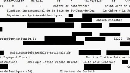 Extrait de la fiche personnelle de Mich&egrave;le Alliot-Marie, consultable sur internet et faisant partie des documents probablement pirat&eacute;s. (RUE 89)