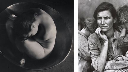 A gauche, Ruth Bernhard, Embryo, 1934, Keith de Lellis Gallery, New York - A droite, Dorothea Lange, Human Erosion in California (Migrant mother), Munchner Stadtmuseum, Sammlung Fotografie
 (A gauche © Photo courtesy of the Keith de Lellis Gallery, New York - A droite © Münchner Stadtmuseum, Sammlung Fotografie © Dorothea Lange Collection, Oakland Museum, Oakland, USA)