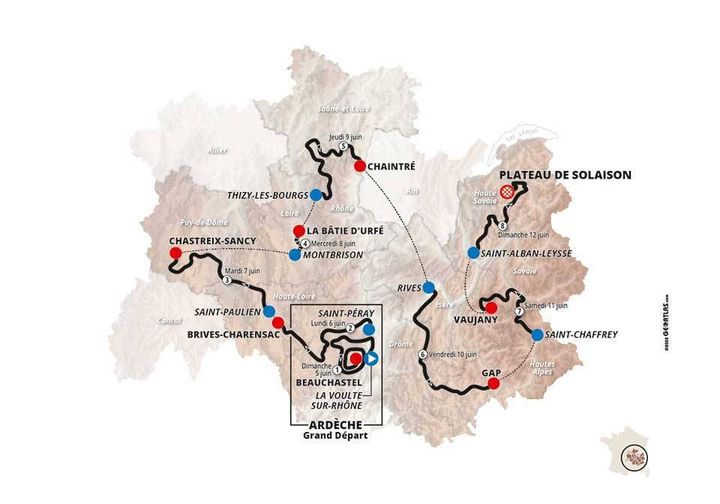 Le parcours de la 74e édition du Critérium du Dauphiné, en 2022. (ASO)