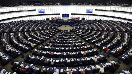 Les députés du Parlement européen participent à un vote en session plénière, en février 2019, à Strasbourg.&nbsp; (FREDERICK FLORIN / AFP)