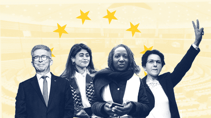 Christophe Gomart (LR), Rima Hassan (LFI), Priscillia Ludosky (EELV) et Malika Sorel (RN) sont tous candidats aux élections européennes, et novices en politique. (HELOISE KROB / FRANCEINFO)