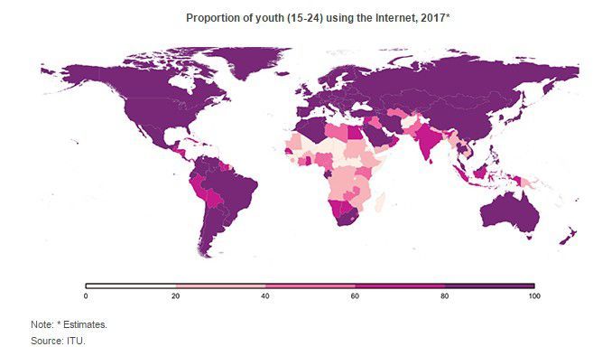 Proportion de jeunes utilisant Internet dans le monde en 2017 (ITU)