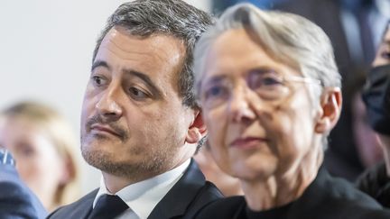 Gérald Darmanin et Elisabeth Borne à Paris le 20 février 2023, lors d'une réunion du parti Renaissance (VINCENT ISORE / MAXPPP)