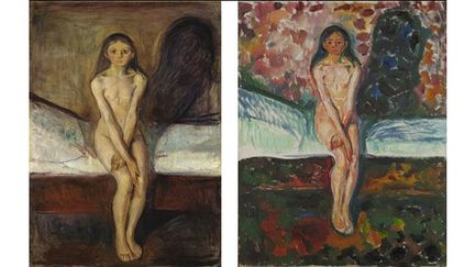 Deux versions du tableau Puberté: à gauche, en 1894-95, à droite en 1914-16
 (A gauche: © Nasjonalmuseet for kunst, arkitektur og design, Oslo, Norvège © Adagp, Paris 2011, à droite © Munch Museum / Munch-Ellingsen Group / BONO 2011 © Adagp, Paris 2011)