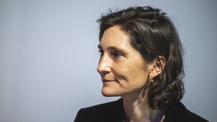 La ministre des Sports, Amélie Oudéa-Castéra, le 3 avril 2023, lors d'une visite du Musée national du sport à Nice. (FREDERIC DIDES/SIPA)