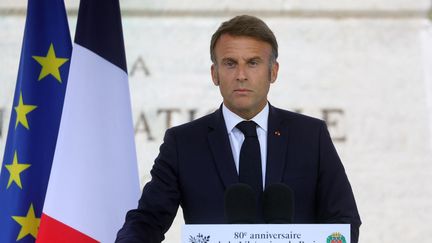 Le chef de l'Etat, Emmanuel Macron, lors de la cérémonie des 80 ans de la libération de Paris, le 25 août 2024. (TERESA SUAREZ / AFP)