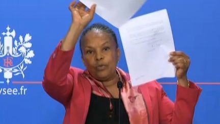 La ministre de la Justice Christiane Taubira, le 12 mars 2014, lors d'un point presse &agrave; l'Elys&eacute;e, &agrave; Paris. (  FRANCETV INFO )