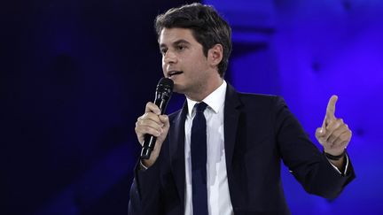 Le Premier ministre Gabriel Attal, en meeting à Aubervilliers (Seine-Saint-Denis), le 1er juin 2024. (STEPHANE DE SAKUTIN / AFP)