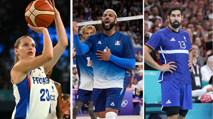 Marine Johannès with the French basketball team, Earvin Ngapeth in volleyball and Nikola Karabatic in handball. (AFP)