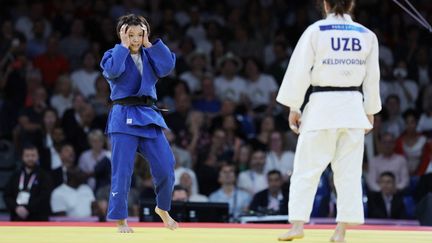 La judoka japonaise Uta Abe a perdu le match des huitièmes de finale de judo féminin des -52 kg, à l'arène du Champ-de-Mars (Paris), le 28 juillet 2024. (HIROTO SEKIGUCHI / YOMIURI / AFP)